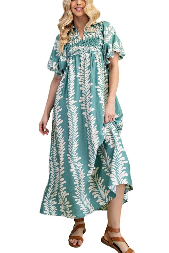 Printed Short Puff Sleeve Midi Dress