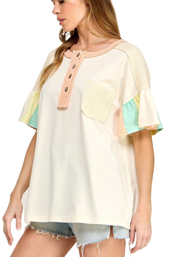 Colorblock Textured Waffle Knit Henley Top