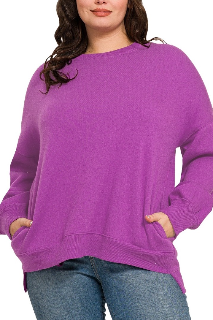 Plus Fleece Hi-low Boyfriend Sweatshirts With Pockets