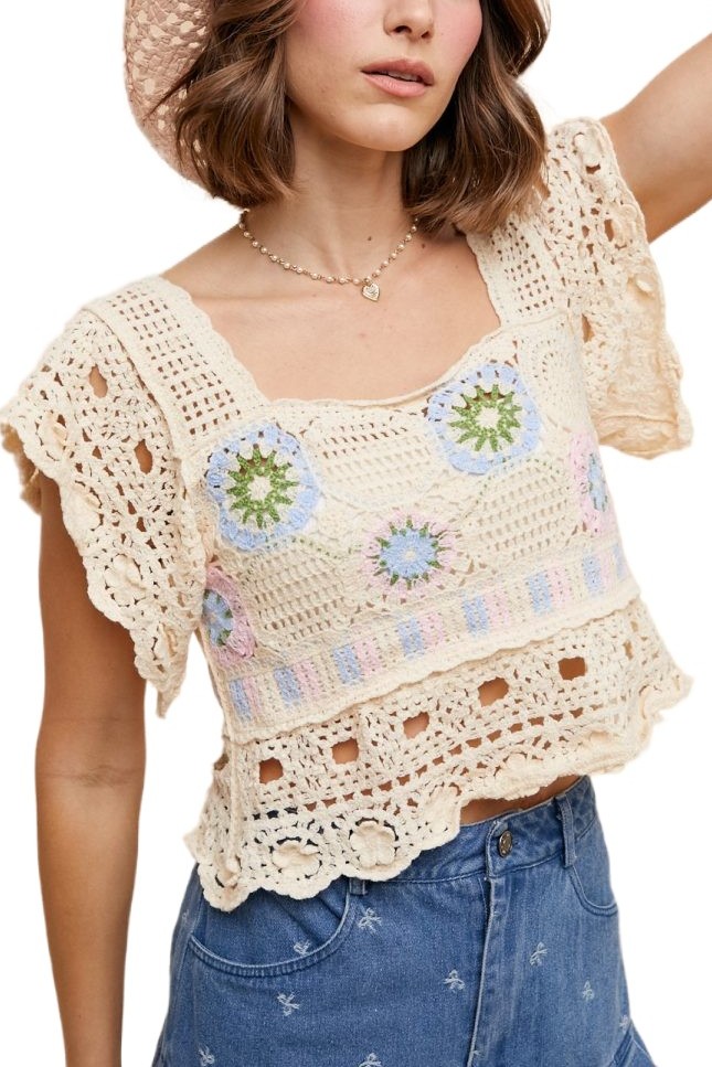 Multi Crochet Square Neck Sweater Crop Top