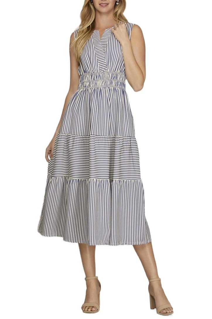 Woven Striped Tiered Midi Dress