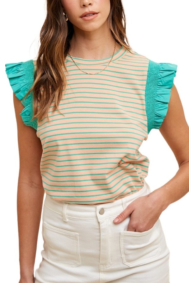 Mix Media Ruffle Sleeve Striped Knit Top