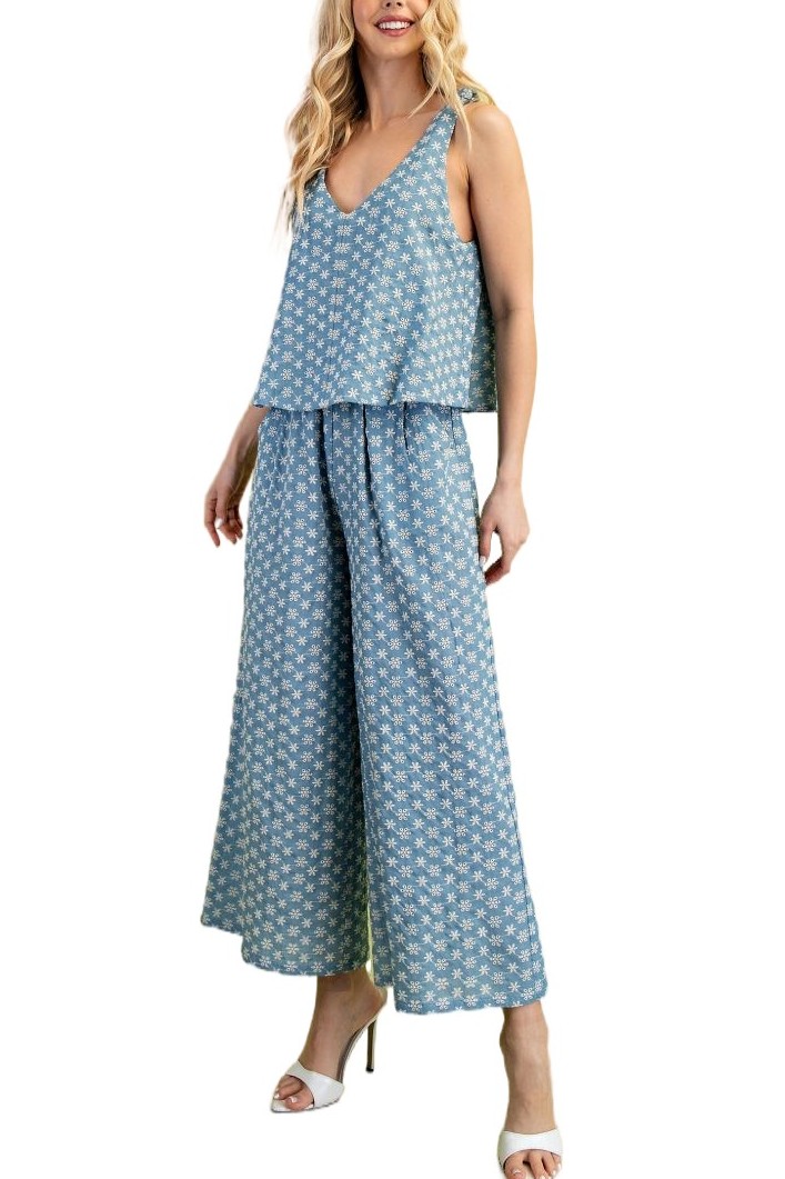 Floral Embroidered Denim Set Illusion Jumpsuit