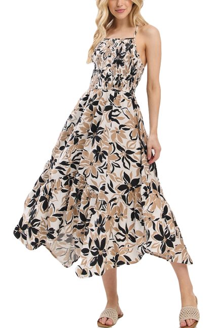 Asymmetrical Hem Smocked Bodice Midi Dress