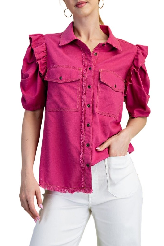 Ruffled Gathered Sleeve Linen Button Up Shirt Top