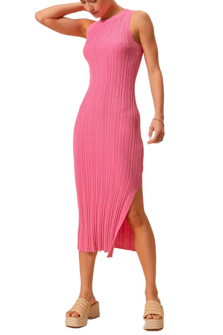 Variegated Stretchy Rib Fitted Summer Midi Dress
