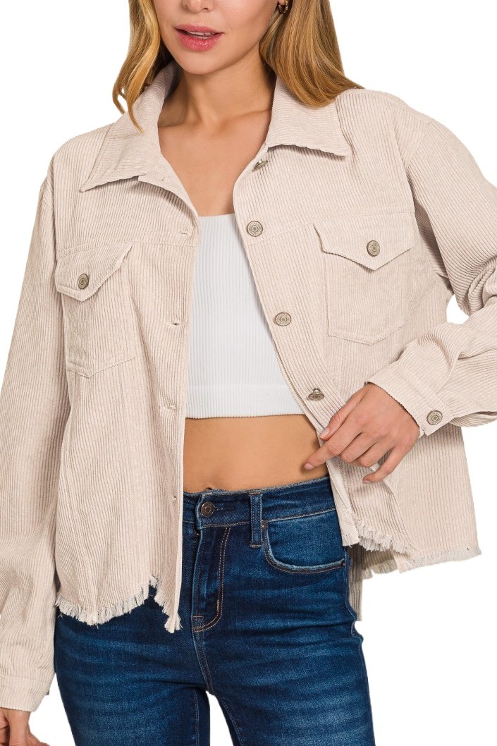 Distressed Corduroy Frayed Hem Cropped Jacket