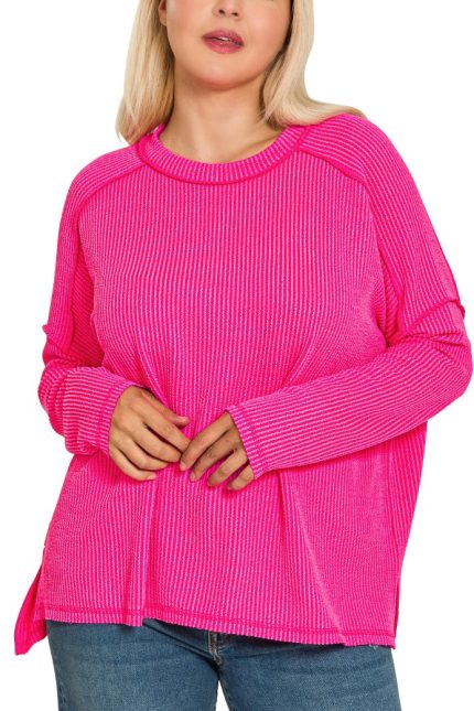 Plus Raised Rib Raw Edge Boat Neck Long Sleeve Top