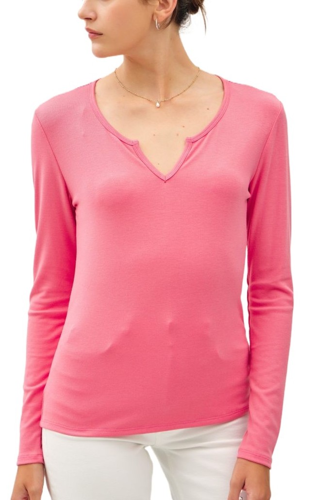 Soft Basic Split Neck Long Sleeve Knit Tee