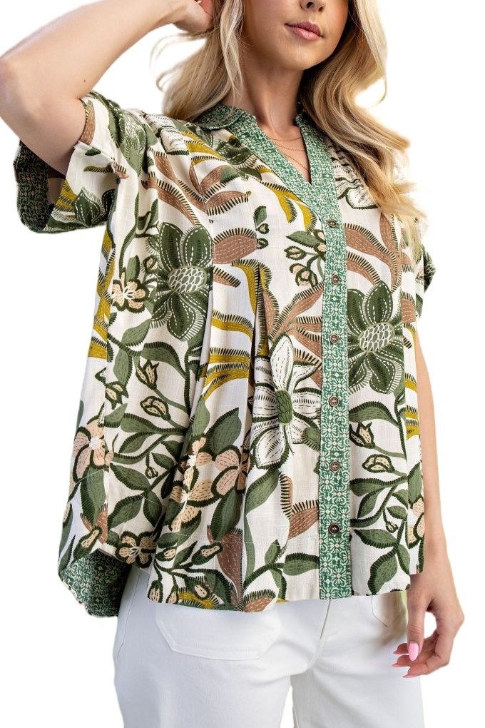 Mixed Print Button Down Blouse