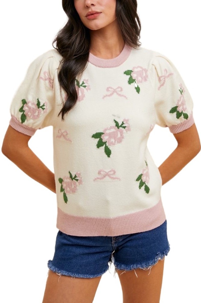 Rose & Bow Jacquard Puff Sleeve Sweater Top