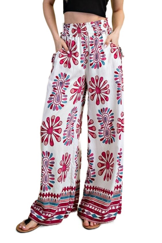 Printed Wide Leg Smocked Waist Pants