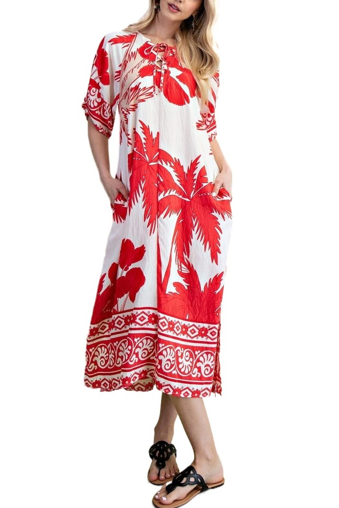 Mixed Tropical Print Midi Dress