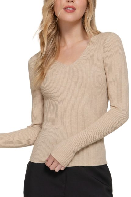 Plus Long Slv Vneck Fitted Viscose Rib Sweater Top