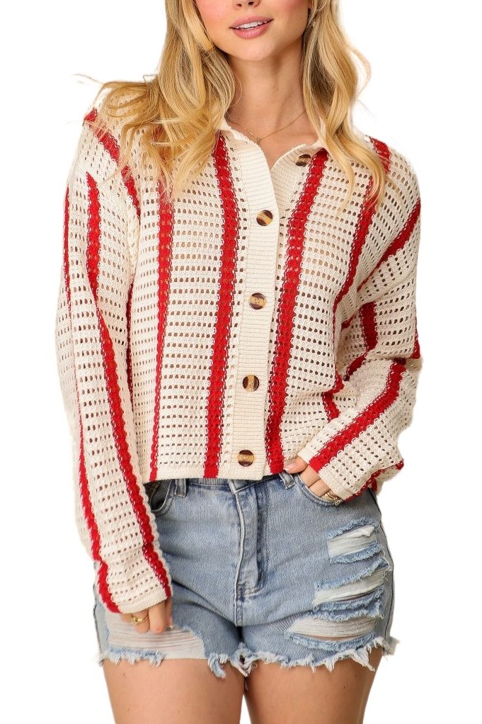 Striped Crochet Collared Button Down Sweater Top