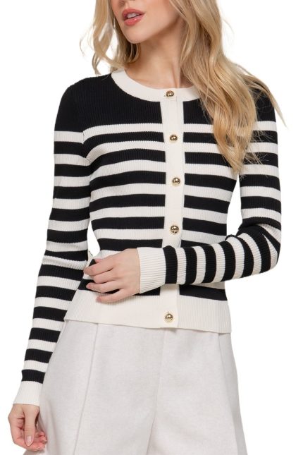 Long Slv Crew Neck Stripe Sweater Cardigan