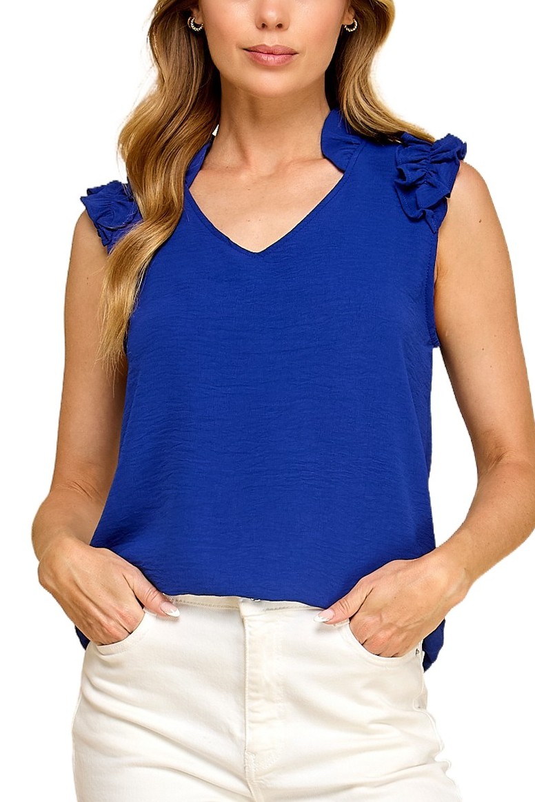Solid Top V Neck With Ruffled Details