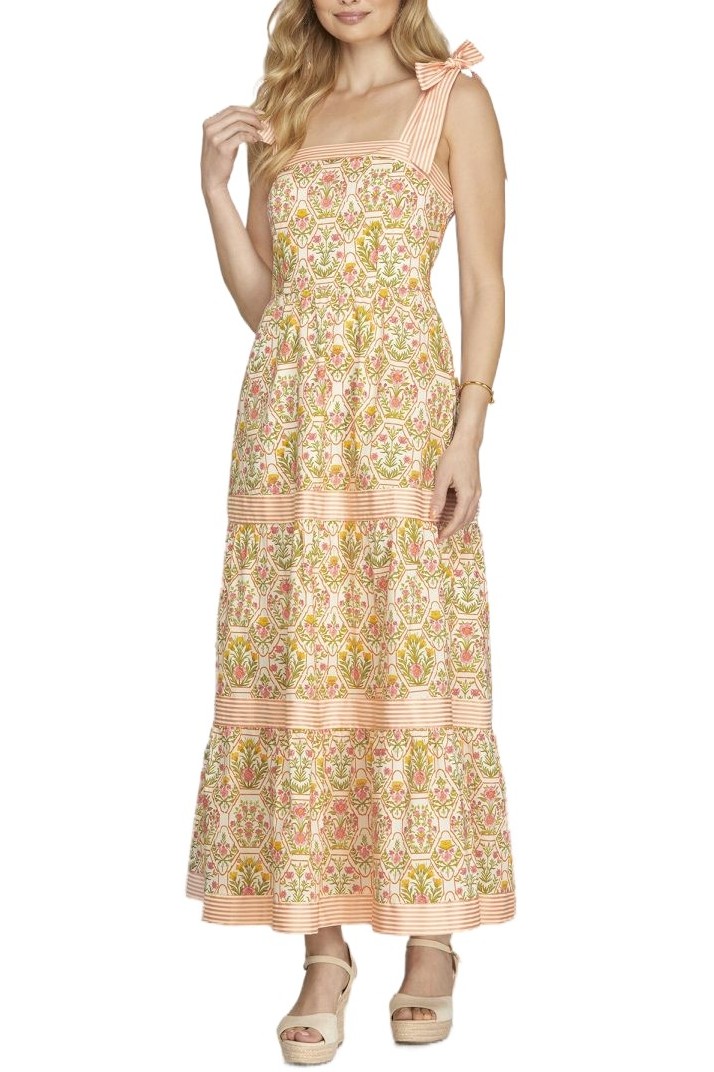 Contrast Woven Print Tiered Maxi Dress