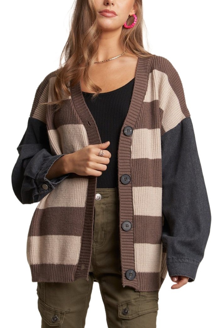 Denim Sleeve Stripe Sweater Cardigan