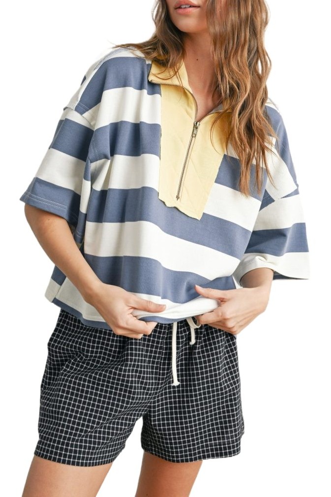 Oversized Striped Zip-up Polo Shirt