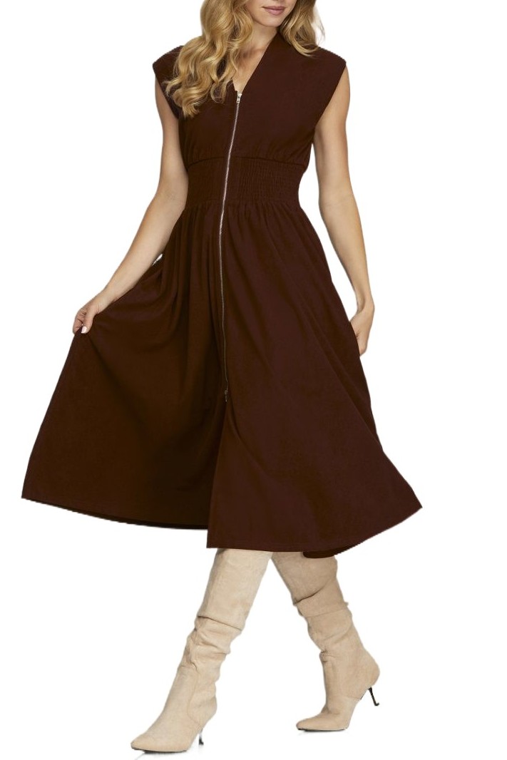 Front Zip Corduroy Midi Dress