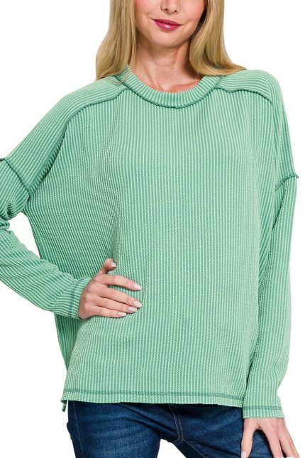 Raised Rib Raw Edge Boat Neck Long Sleeve Top