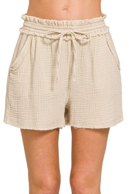 Washed Double Gauze Frayed Hem Drawstring Shorts