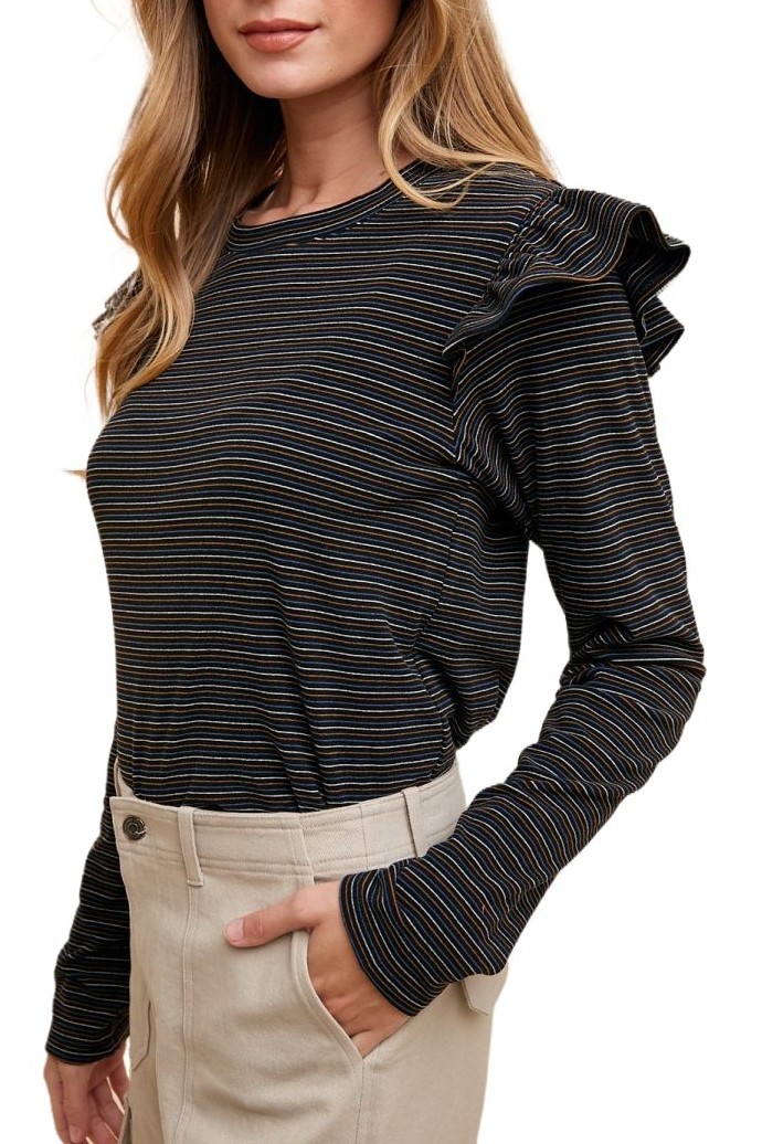 Soft Touch Brushed Stripe Ruffle Shoulder Top