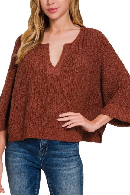 Front Slit Patch Folded Sleeve Pullover