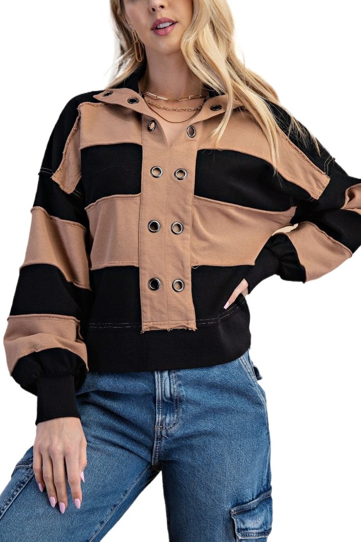 Striped Texture Mixed Rugby Style Sweatshirt