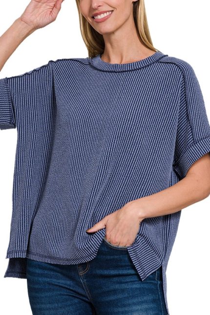 Textured Line Short Cuff Sleeve Raw Edge Top