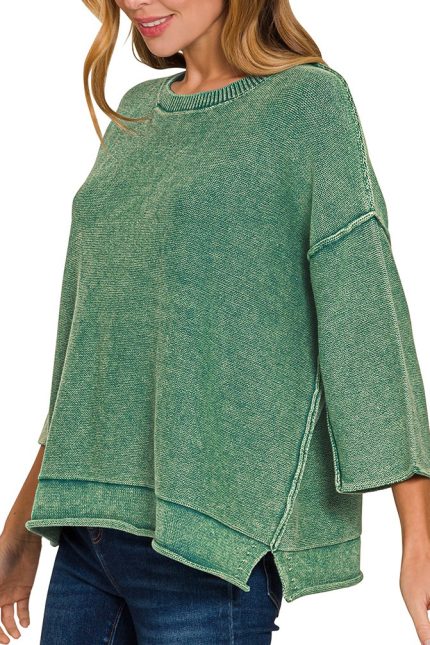 Washed 3/4 Sleeve Boxy Sweater