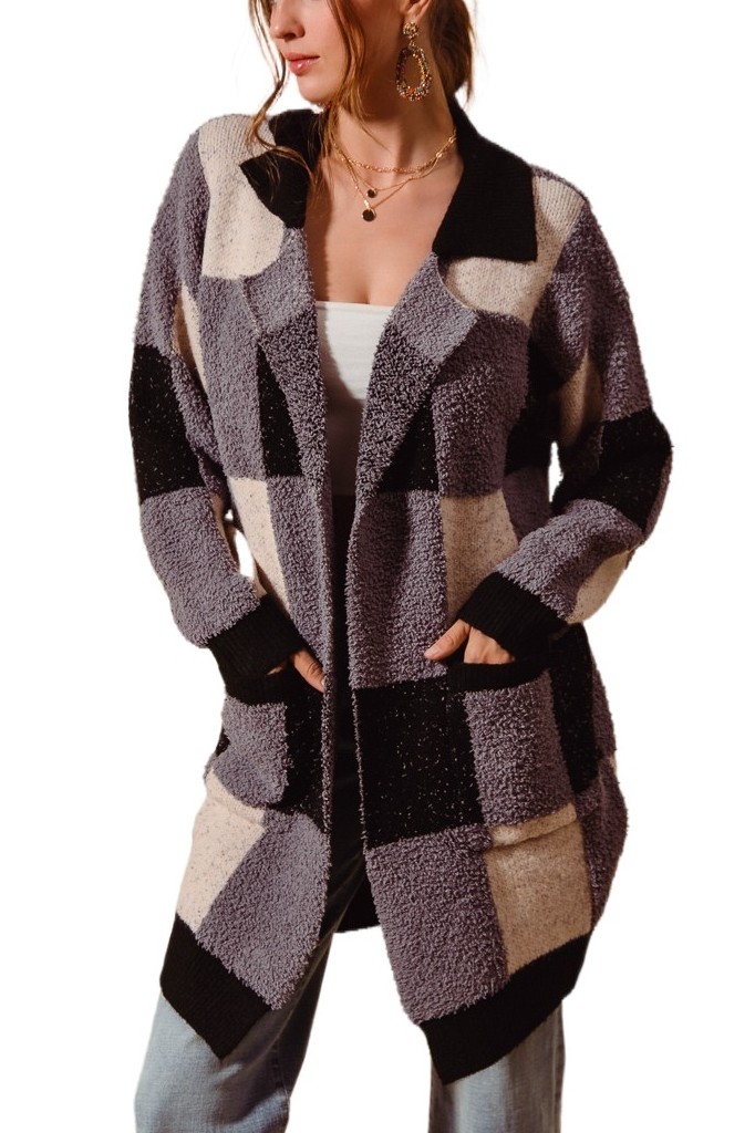 Soft Touch Faux Hairy Checkered Cardigan