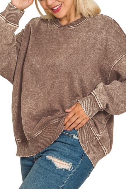 Plus Acid Wash Oversized Fleece Pullover