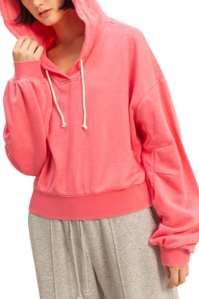 V-neck Drawstring Detail Long Sleeve Crop Hoodie