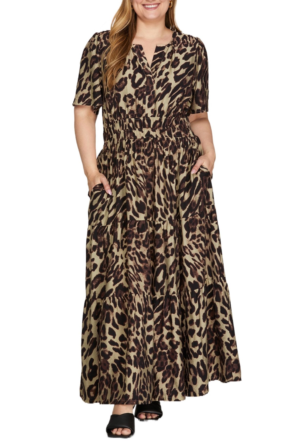 Plus Leopard Print Woven Tiered Maxi Dress