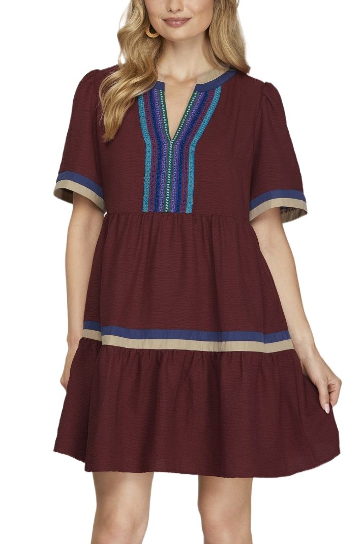 Multicolor Trim Woven Tired Mini Dress