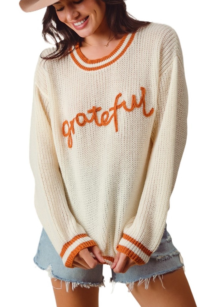 Thanksgiving Grateful Lettering Stitch Sweater Top