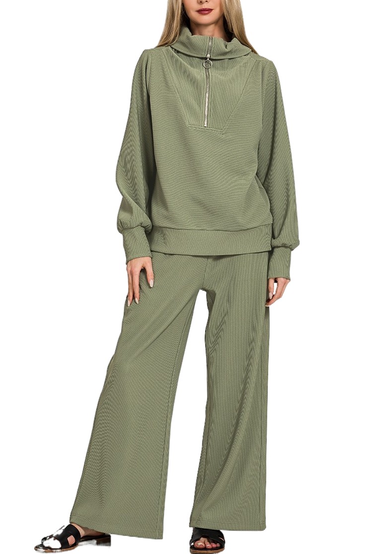 Ribbed High Neck Half Zip Pullover And Pants Set