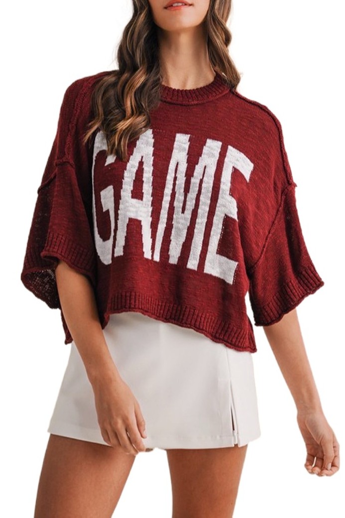 Game Day Lettering Loose Fit Crop Sweater Top