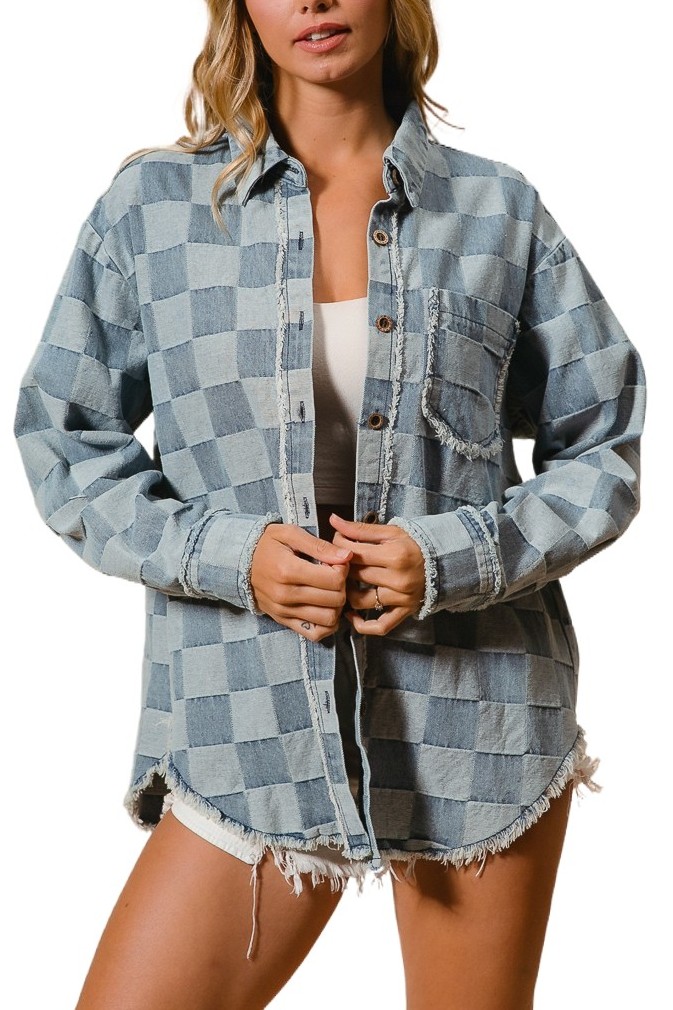 Frayed Edged Detail Washed Checker Denim Shirt