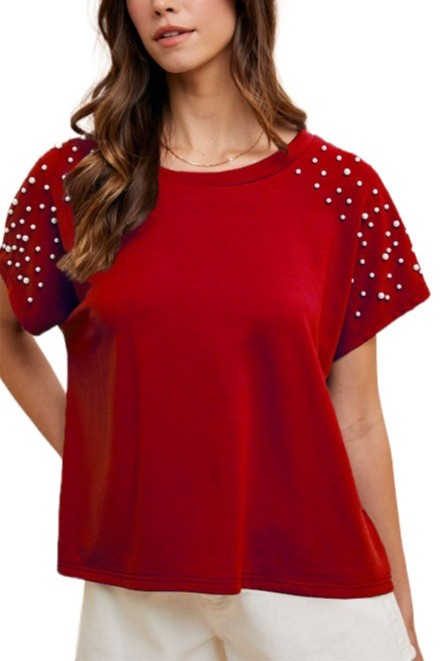Game Day Pearl Embellished Dolman Sleeve Knit Top