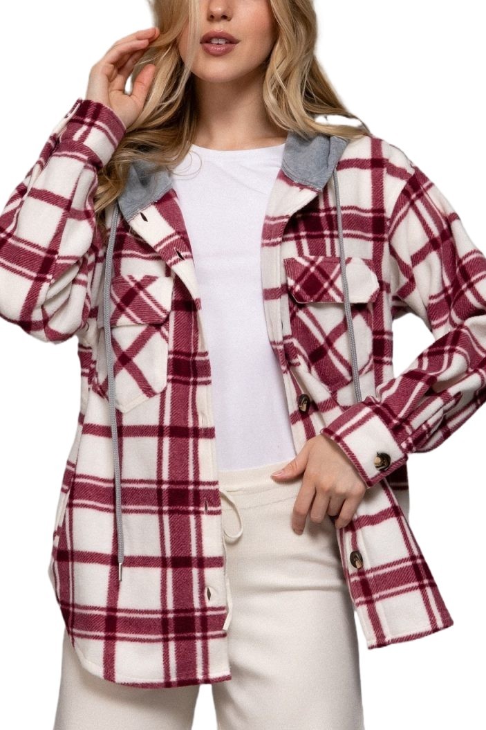 Jr Plus Plaid Print Hoodie Fleece Jacket