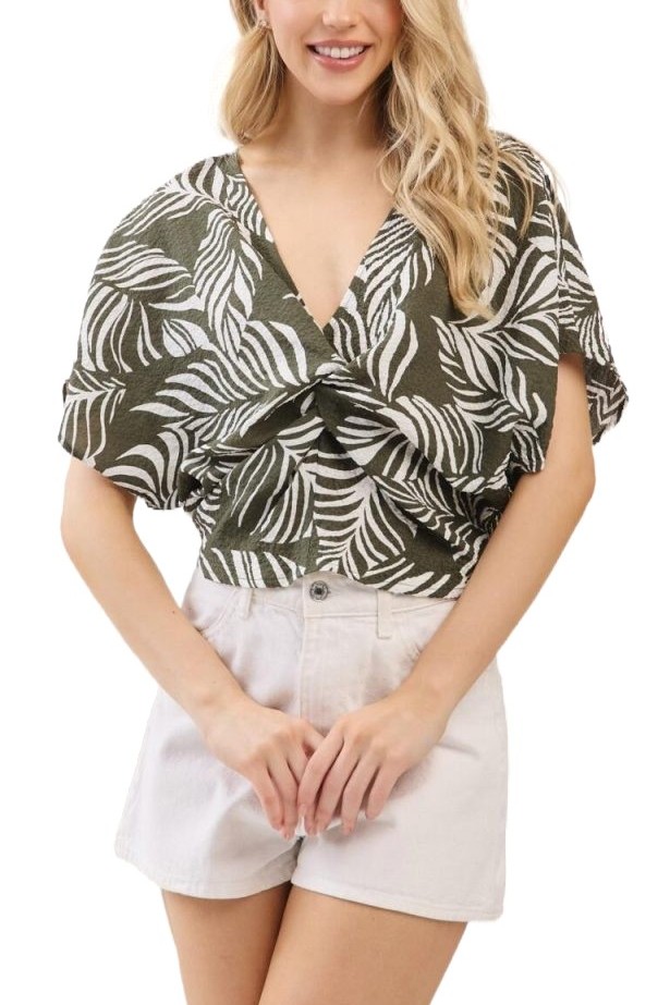 V-neck Drop Shoulder Sleeve Twist Detail Top