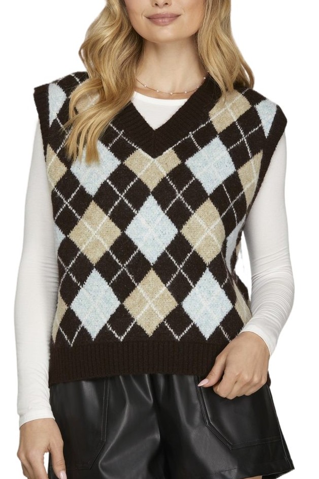 Argyle V Neck Knit Sweater Vest