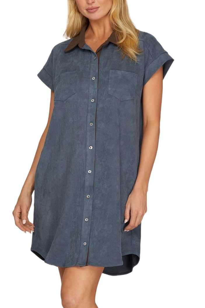 Twill Suede Mini Shirt Dress