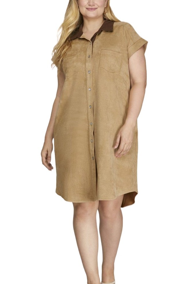 Plus Twill Suede Mini Shirt Dress