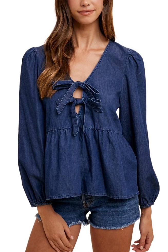 Denim Tie Front Peplum Blouse