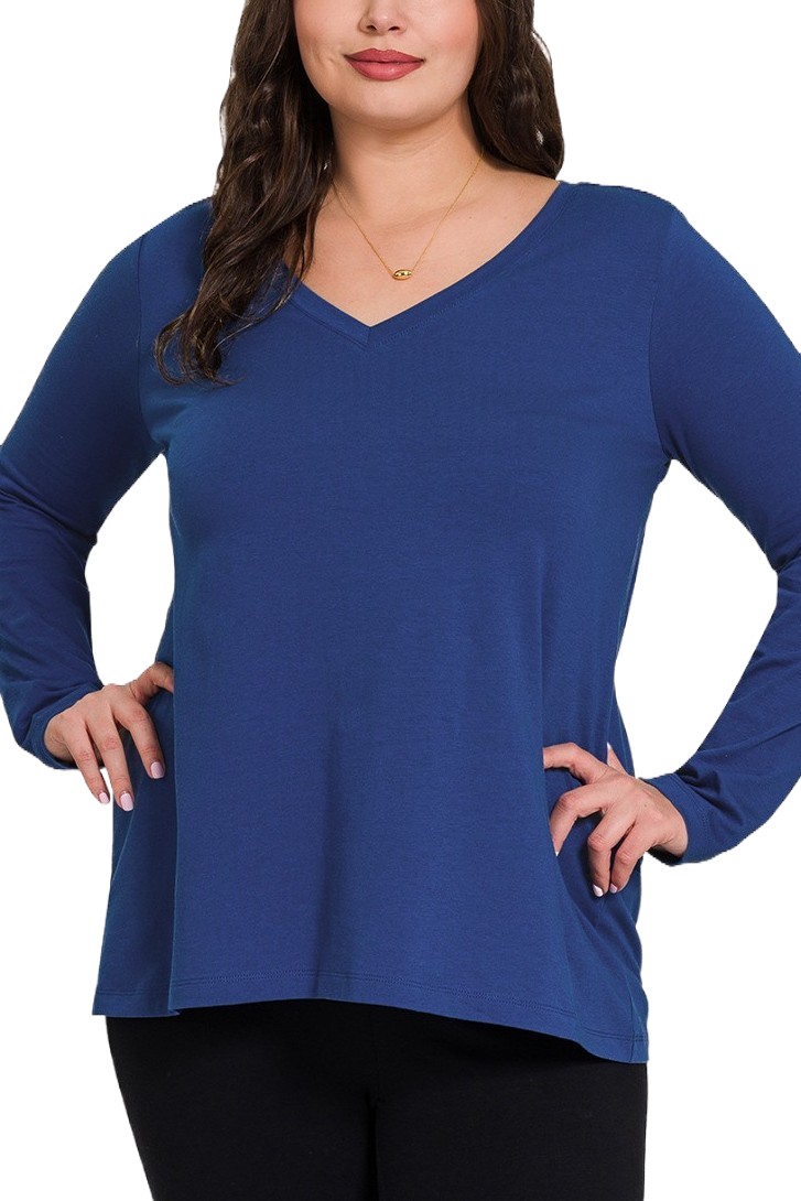 Plus Cotton V-neck Long Sleeve T-shirt