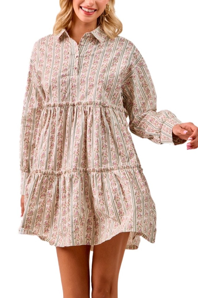 Floral Striped Dress With Tiered Ruffle Details